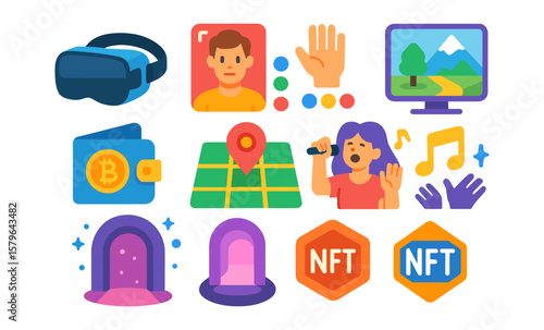 Colorful digital icons set including vr, portrait, map, nft, bitcoin, music, and gaming elements