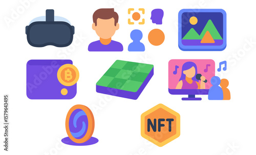 Colorful icons of virtual reality, cryptocurrency, nft, and social media elements