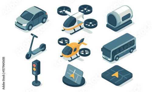 Modern urban transport icons: car, drone, scooter, bus, traffic light, navigation