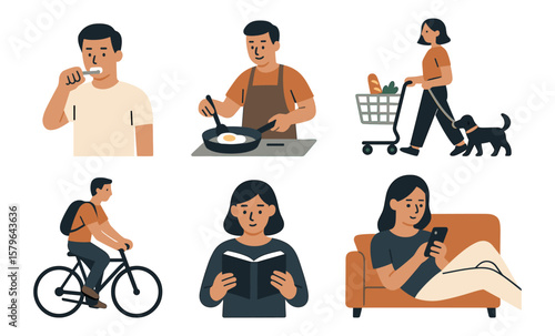 Daily activities of diverse individuals including cooking, shopping, and exercising