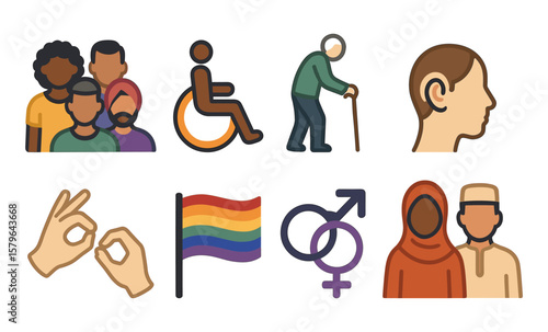 Diverse inclusion symbols featuring various ethnicities, genders, and abilities