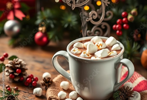 Wallpaper Mural Steaming mug of hot chocolate topped with mini marshmallows, festive Christmas setting,  marshmallows,  rich Torontodigital.ca