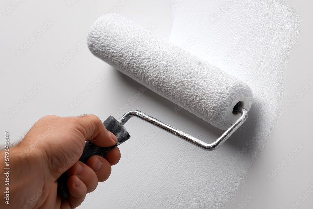 Obraz premium Hand holding paint roller applying fresh white paint to wall indoors