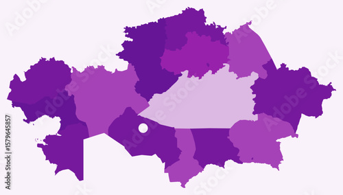 Map of Kazakhstan with regions. Just a simple country border map with region division. Purple color palette. Blank Republic of Kazakhstan shape with administrative division. Vector illustration.