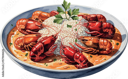 A watercolor illustration of Étouffée, showing a dish of crawfish or shrimp in a roux-based sauce with rice, garnished with parsley