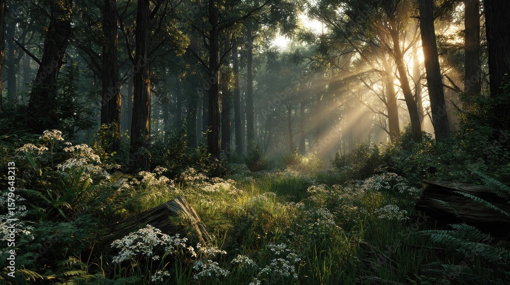 Fototapeta premium Sunlit Forest Path: Mystical Dawn in a Verdant Woods