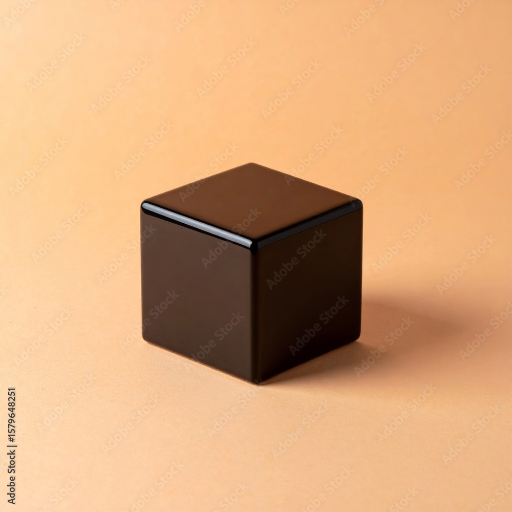 Fototapeta premium Black Glossy Cube on Beige Background Modern Geometric Shape Object