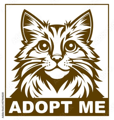 A cat with a sign that says "adopt me" on it