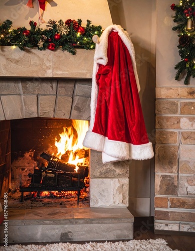 Stone Fireplace with Burning Fire and Santa Coat Hanging on Mantel Holiday