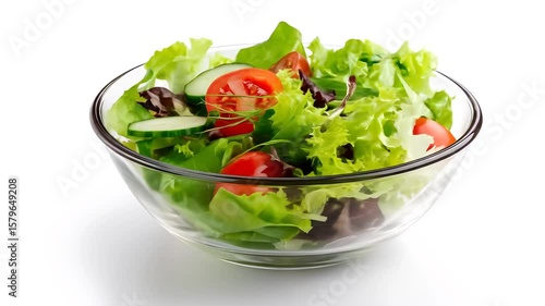 A clear glass bowl filled with a salad of lettuce tomatoes and cucumbers on a white background