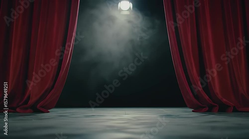 Dramatic Stage with Red Velvet Curtains Spotlight and Smoky Atmosphere Revealing Dark Background