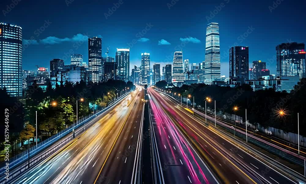 Urban mobility at night: A vibrant time-lapse showcasing dynamic city traffic flow