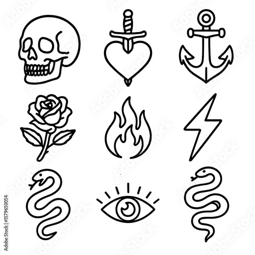 Anchor snake rose bolt vector lightning icon heart skull tattoo eye flash