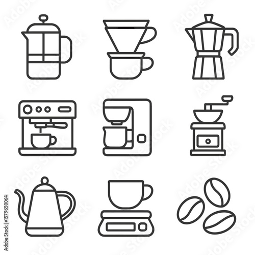 Brewing moka pot cup espresso vector gooseneck beans icon grinder kettle icons
