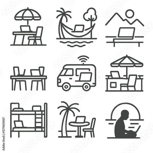 Hostel icon rooftop mountain icons silhouette campervan sunset bed nomad tropical vector
