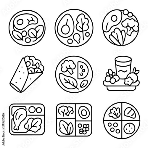 Vegan salad icon paleo balanced plate snack diet vector meal portion bento