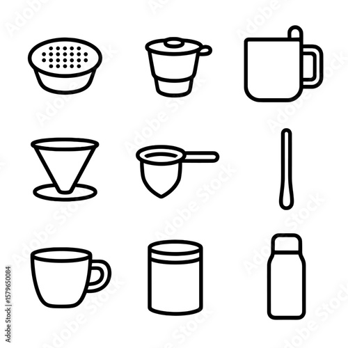 Tools mug ceramic icon stirrer coffee filter pod glass dripper reusable vector