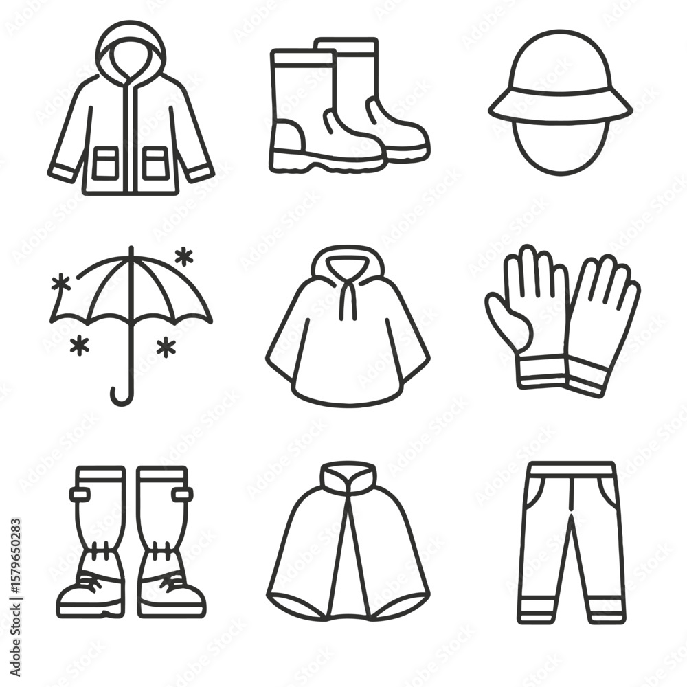 Hat rainproof gear gloves weather snow gaiters vector waterproof cape icon wet Hat rainproof gear gloves weather snow gaiters vector waterproof cape icon wet