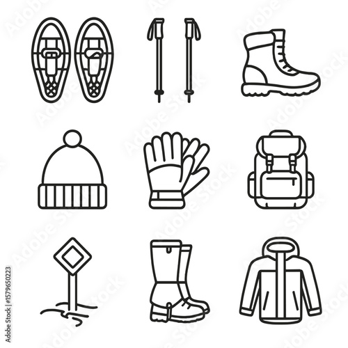 Boots poles snow vector gear backpack hiking icons snowshoes winter icon snowshoeing
