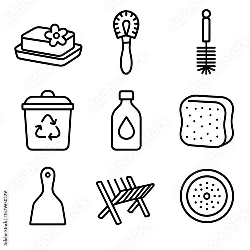 Icon strainer bar brush dish rinse drying vector icons scrubber bottle kitchen