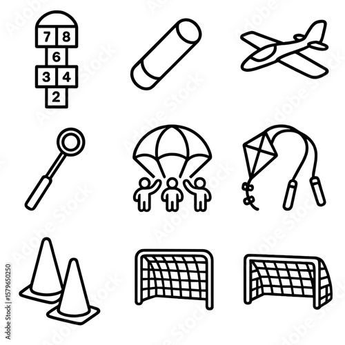 Rope toy outdoor icon layout kite cones net kids chalk wand vector