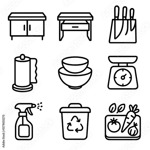 Vector spray station compost bin counter ingredient icon prep kitchen icons bowls