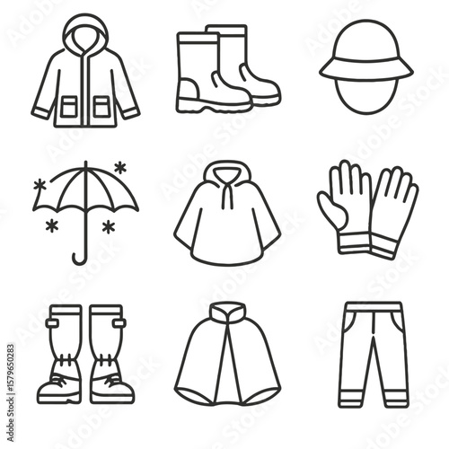 Hat rainproof gear gloves weather snow gaiters vector waterproof cape icon wet