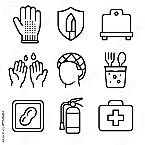 Safety fire hair vector sanitizer prep board box first net glove icon