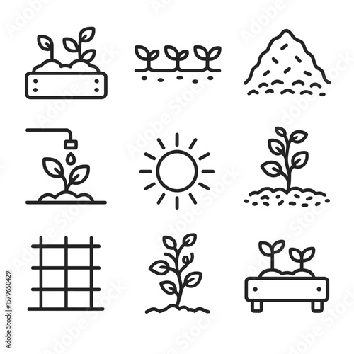 Pile mulch irrigation box growth sprouts icons row icon vector trellis garden