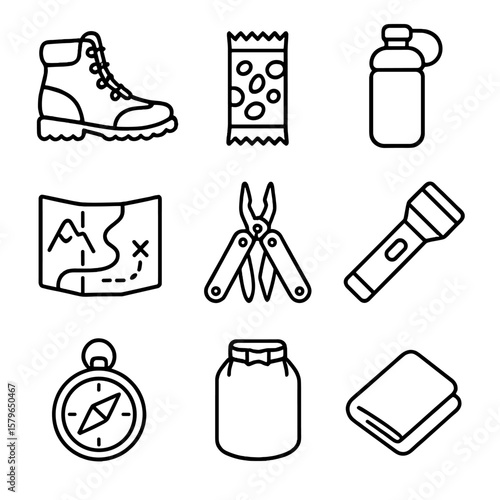Snacks packing icon hiking icons vector multitool adventure flashlight weatherproof bottle bag