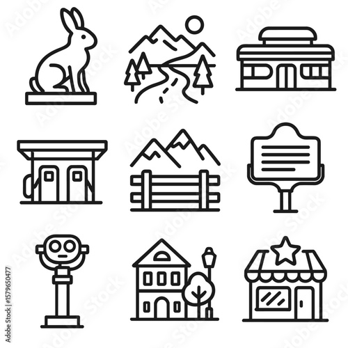 Mountain gas station small square vector icon town quirky icons view roadside