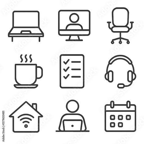Office work remote working cup desk icon calendar silhouette chair vector page