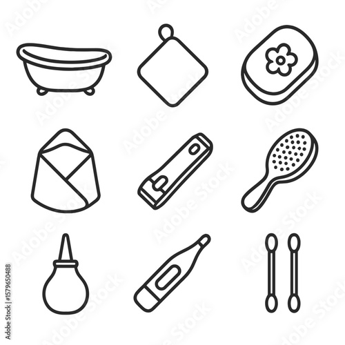 Washcloth hygiene bathtub swabs icons vector hairbrush baby cotton nail hood icon