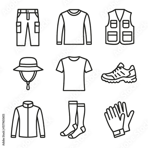 Cargo gloves shirt hiking jacket pants lightweight vector icons icon softshell apparel