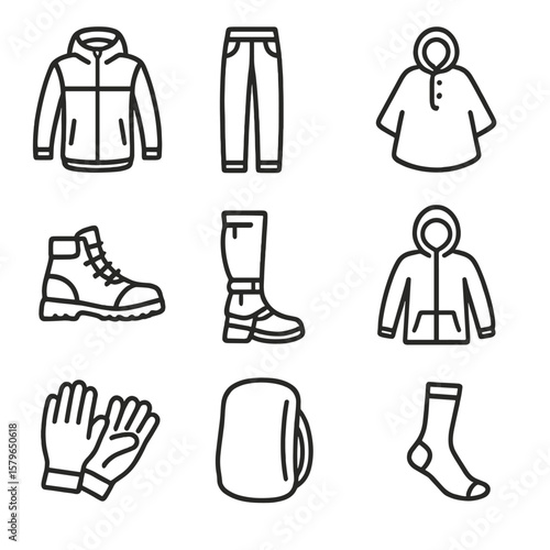 Waterproof jacket icons gear vector gloves icon shell cover poncho hooded rain