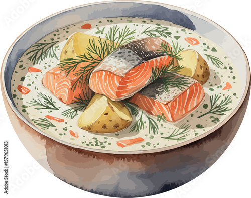 A watercolor illustration of Lohikeitto, featuring creamy Finnish salmon soup with chunks of salmon, potatoes, and dill, served in a white bowl, isolated on a white background.