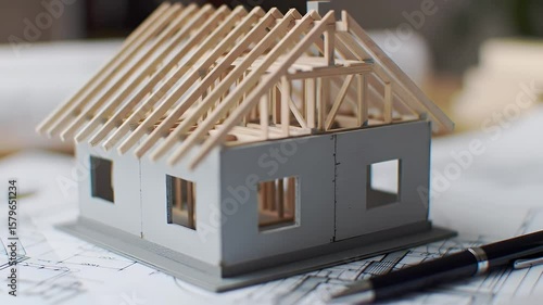 Model House with Wooden Frame on Blueprints at Desk in Natural Light Close Up Shot for Architecture and Home Design
