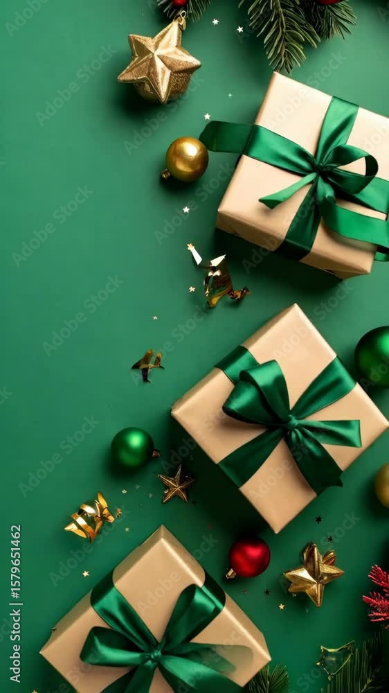 Festive composition with gifts wrapped in golden paper, adorned with ribbons and holiday ornaments on a vivid green background Festive composition with gifts wrapped in golden paper, adorned with ribbons and holiday ornaments on a vivid green background