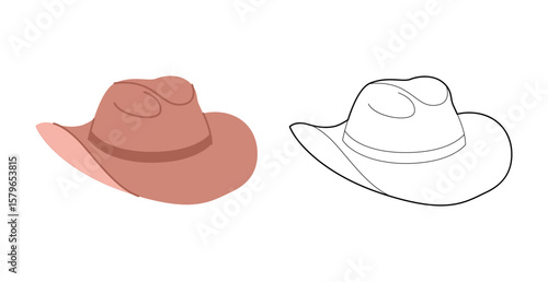 Cowboy Hat with band. Head Fashion accessory cap with wide brim clothing technical illustration. Vector headgear for Men, women, unisex style, flat template CAD mockup sketch outline isolated