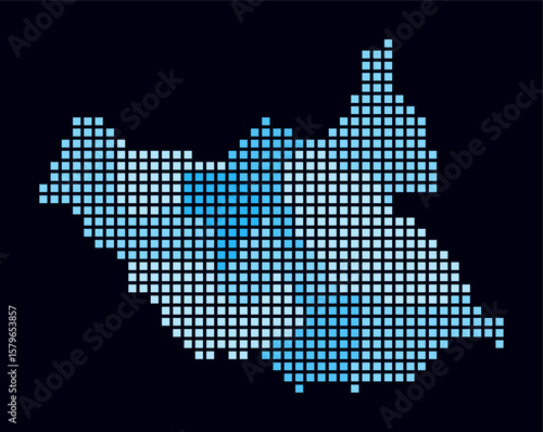 South Sudan dotted map. Digital style map of the country on dark background. South Sudan shape with square dots. Colored dots style. Large size squares. Awesome vector illustration.