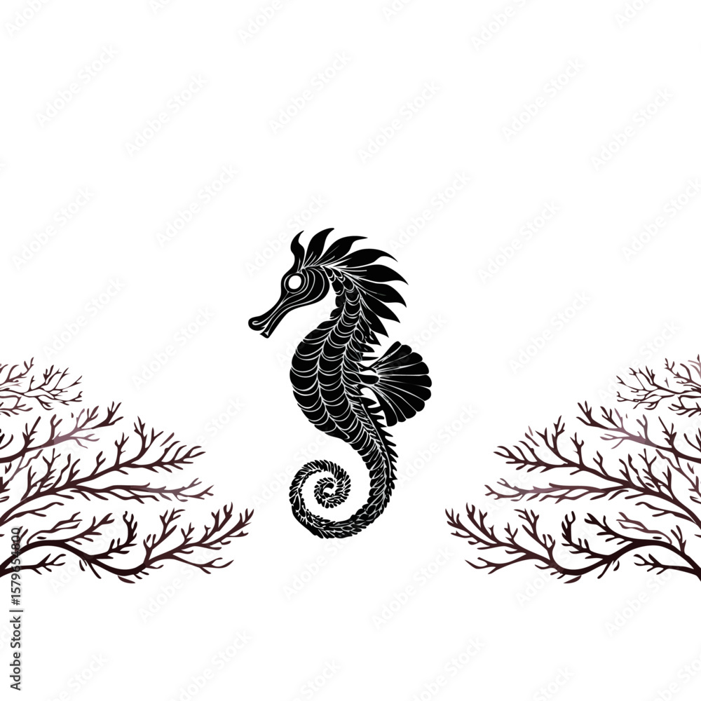 Fototapeta premium seahorses with intricate geometric tails, coral patterns, 