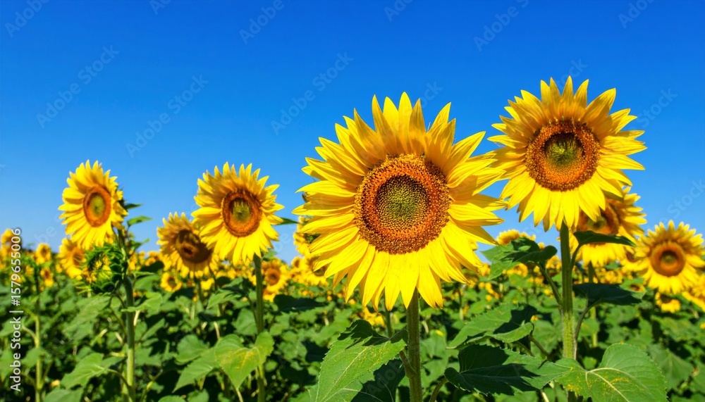 Golden Sunflower Field with Vibrant Yellow Blooms Against Clear Blue Sky Golden Sunflower Field with Vibrant Yellow Blooms Against Clear Blue Sky