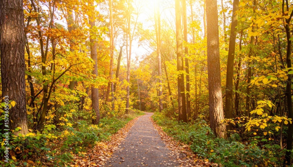 Obraz premium Autumn Forest Trail with Golden Sun Shining through Trees in the Countryside