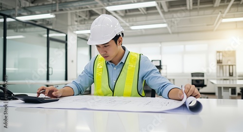 Focused Architect Reviewing Blueprints
