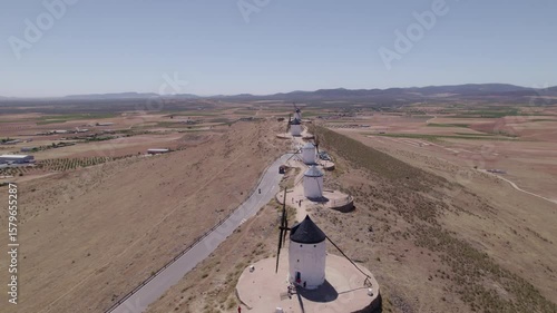 Spain. Spanish windmills of La Mancha. Aerial view of a group of typical Spanish windmills. Don Quixote. Consuegra.