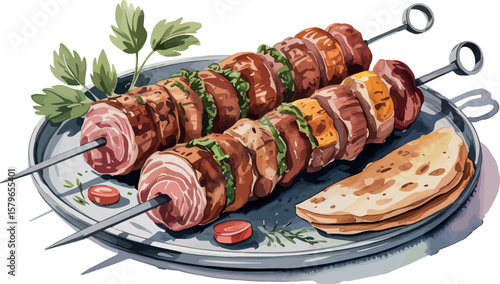 illustration of Cağ kebabı, showcasing horizontally roasted lamb slices skewered and ready to serve with flatbread and herbs, isolated on a white background. 