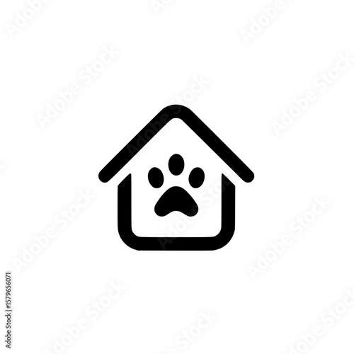 Outline icon of a small house with paw print symbol representing pet shelter, home, or boarding services