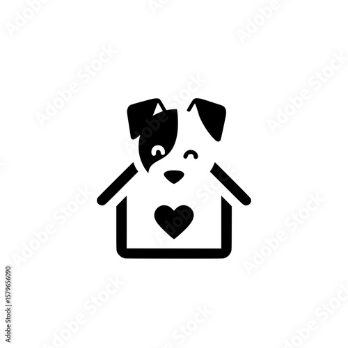 Cute line icon of a dog inside a house symbolizing pet adoption, shelter, or home for animals