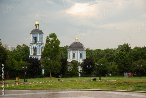 Photography Beautiful old bell architecture building with gold dome in blue white colors nea