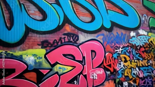 Wallpaper Mural Urban wall covered in vibrant graffiti with abstract shapes, letters, and colorful spray paint creates an artistic and chaotic street art backdrop. Torontodigital.ca